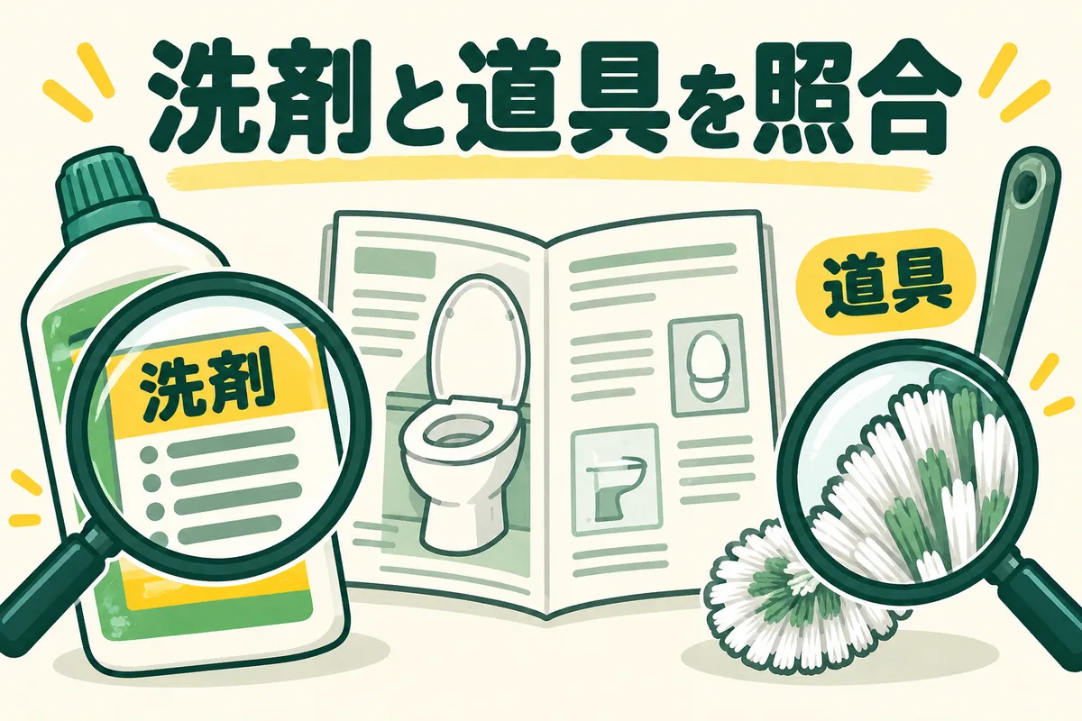 便器の説明書と洗剤の表示、ブラシの毛先を照合する図