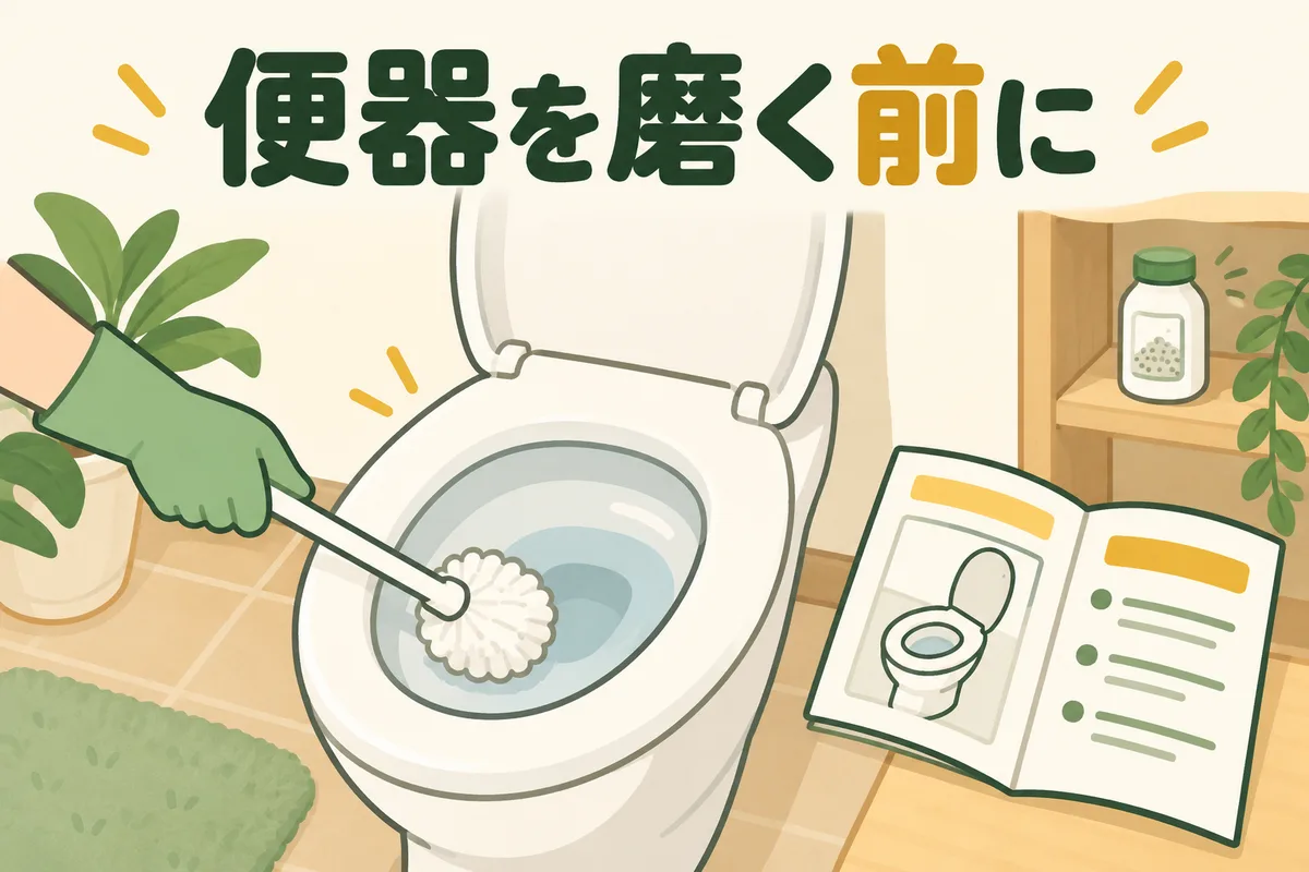 便器の内側と柔らかいブラシ、手入れの説明書を並べた図