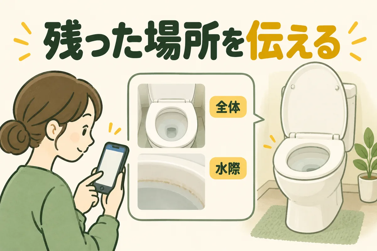 便器全体と水際の跡の写真を相談用に撮る図