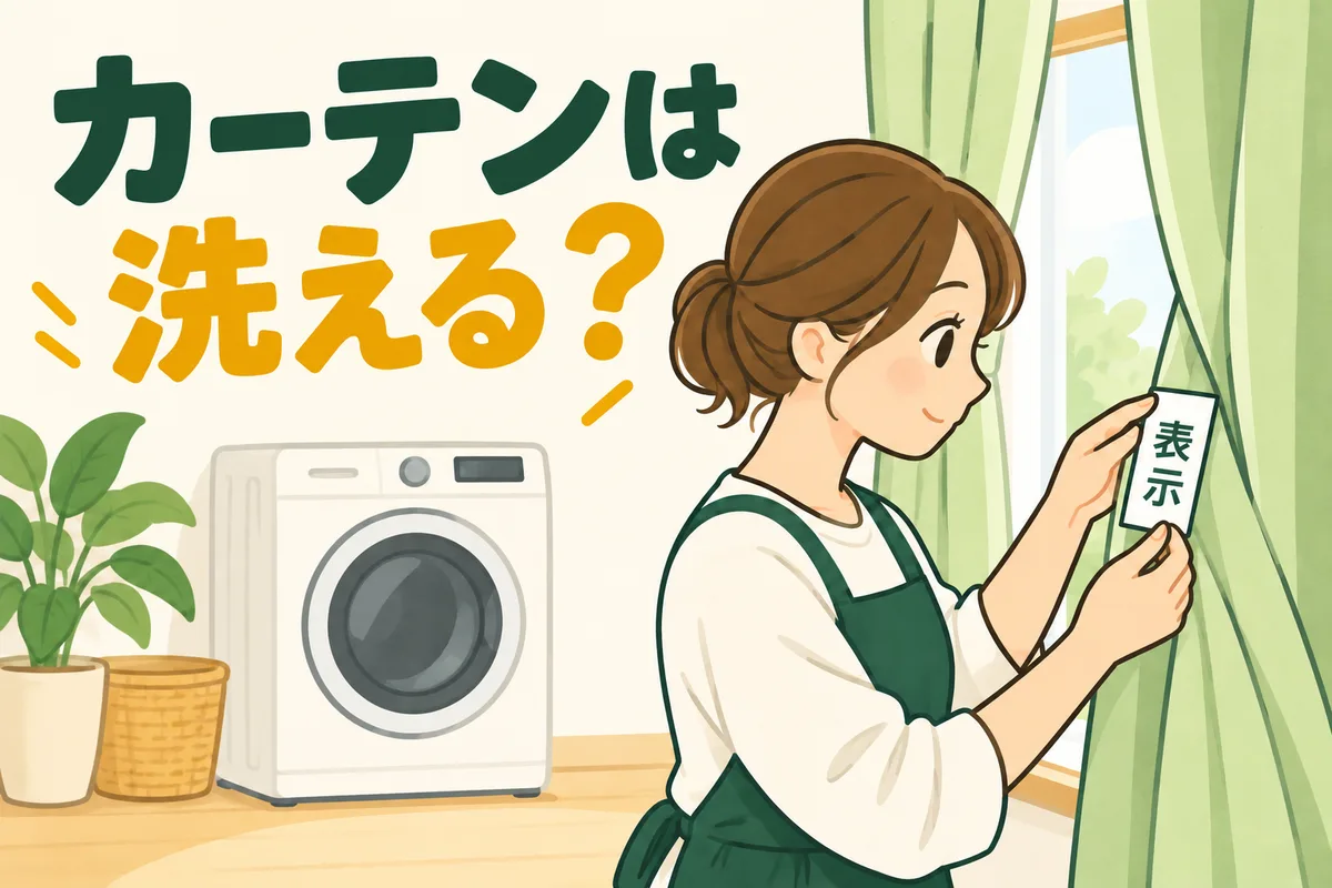 カーテンのタグを確認し、洗濯機で洗えるか調べる図