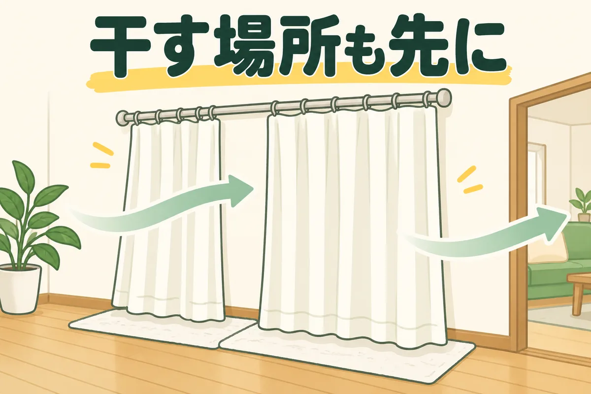レールに掛けたカーテンと床の保護用タオル、室内の風通しを示す図