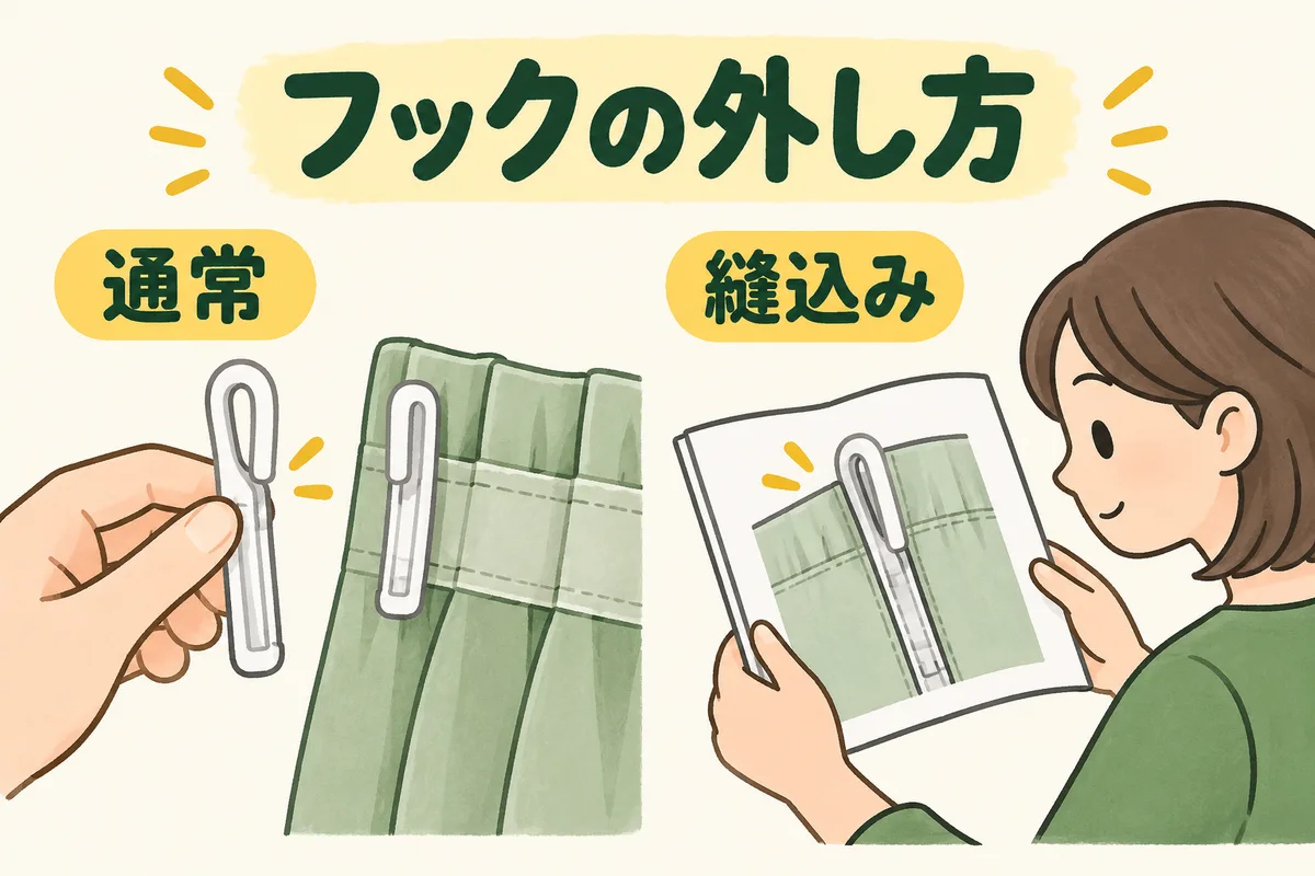 通常のフックを外す場面と、縫込み仕様の説明を確認する場面を分けた図