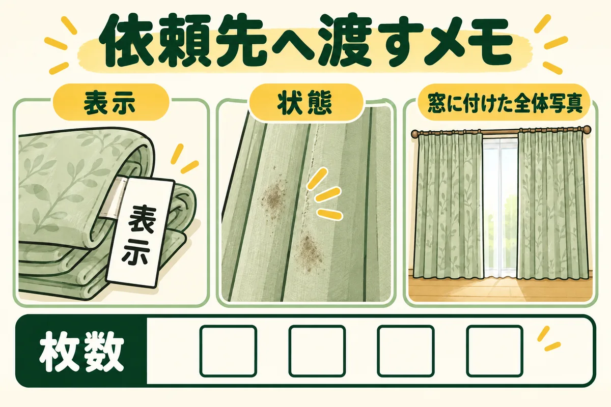 カーテンの表示・状態・全体写真と枚数を相談メモにまとめる図