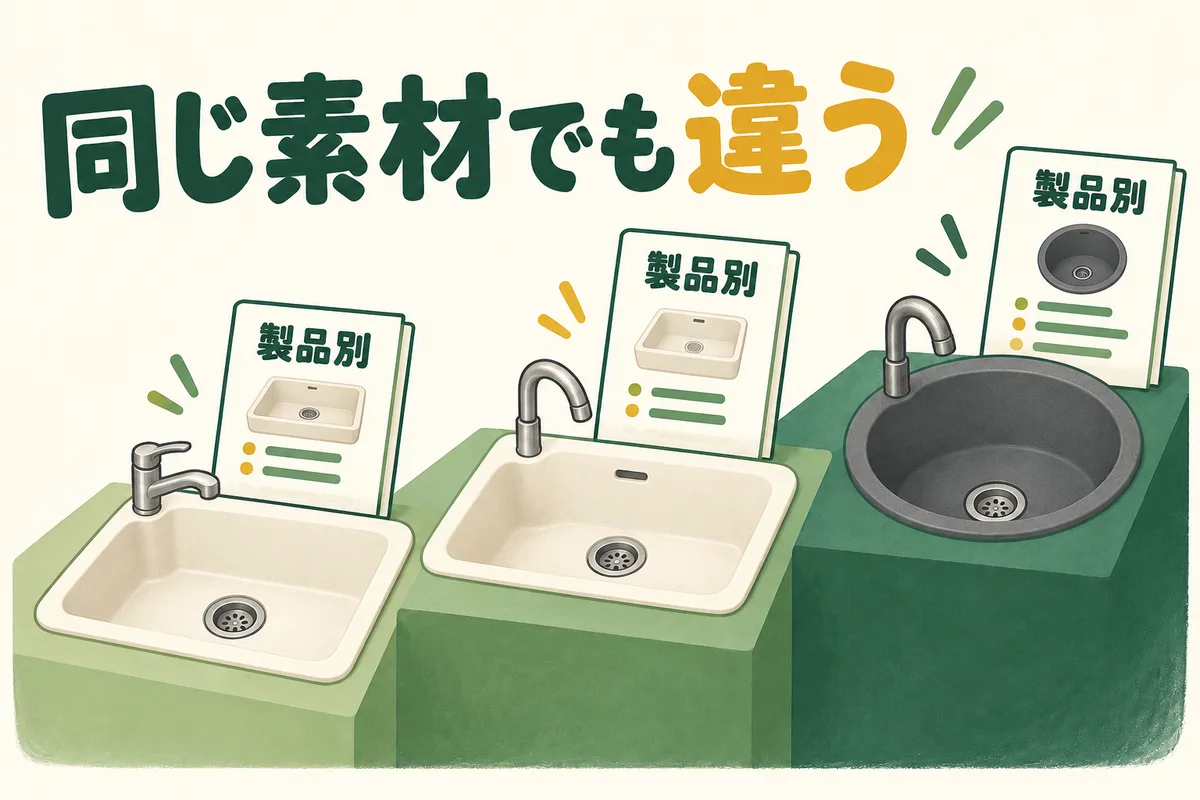 形と色の異なる三つの人造大理石シンクと製品別の案内を並べた図