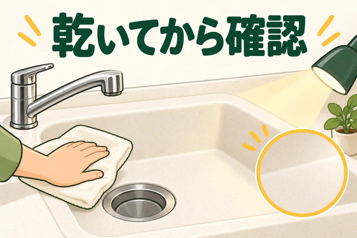 乾いた人造大理石シンクを布で拭き、光で表面を確認する図