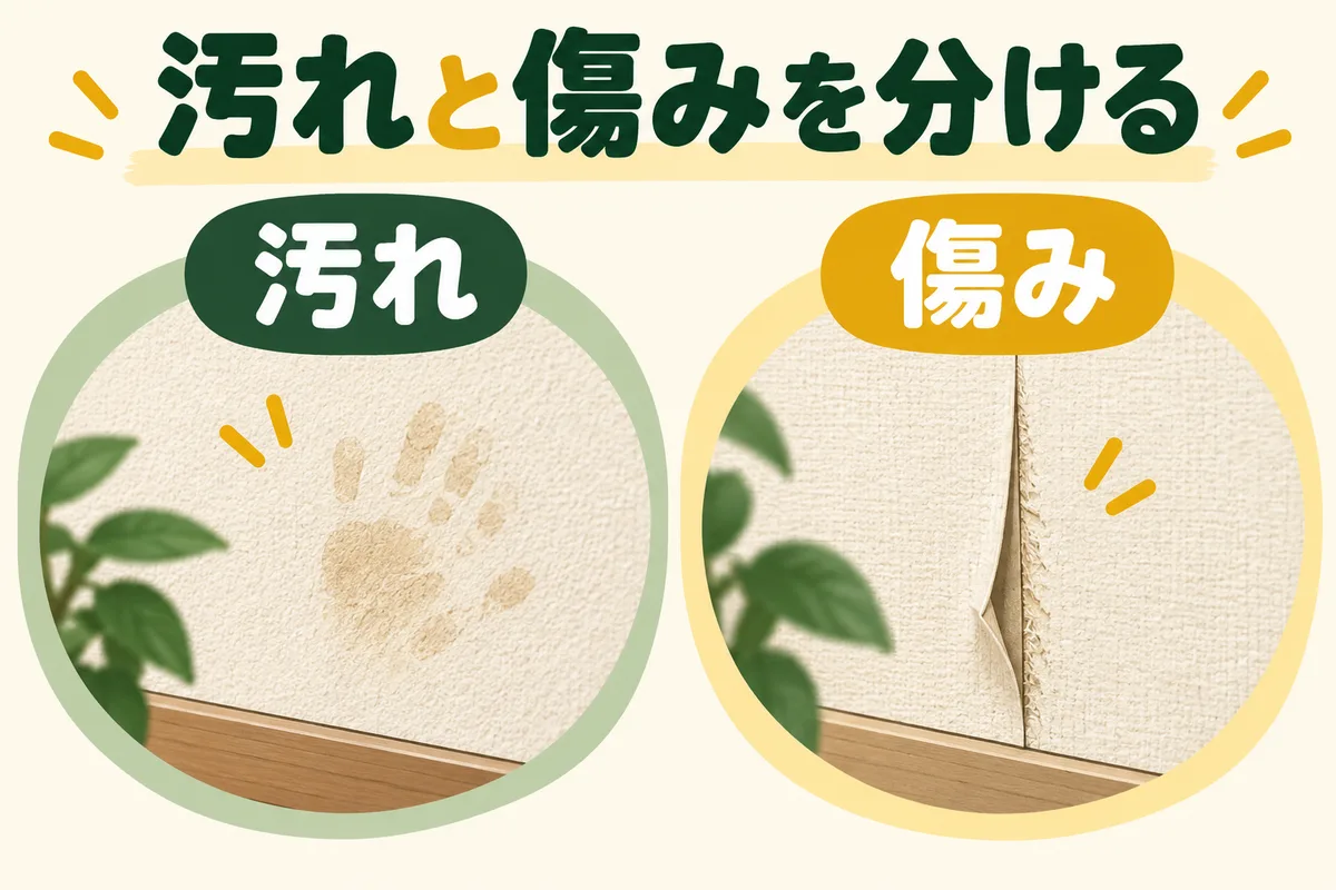 壁の付着汚れと継ぎ目の浮きを並べて区別する図