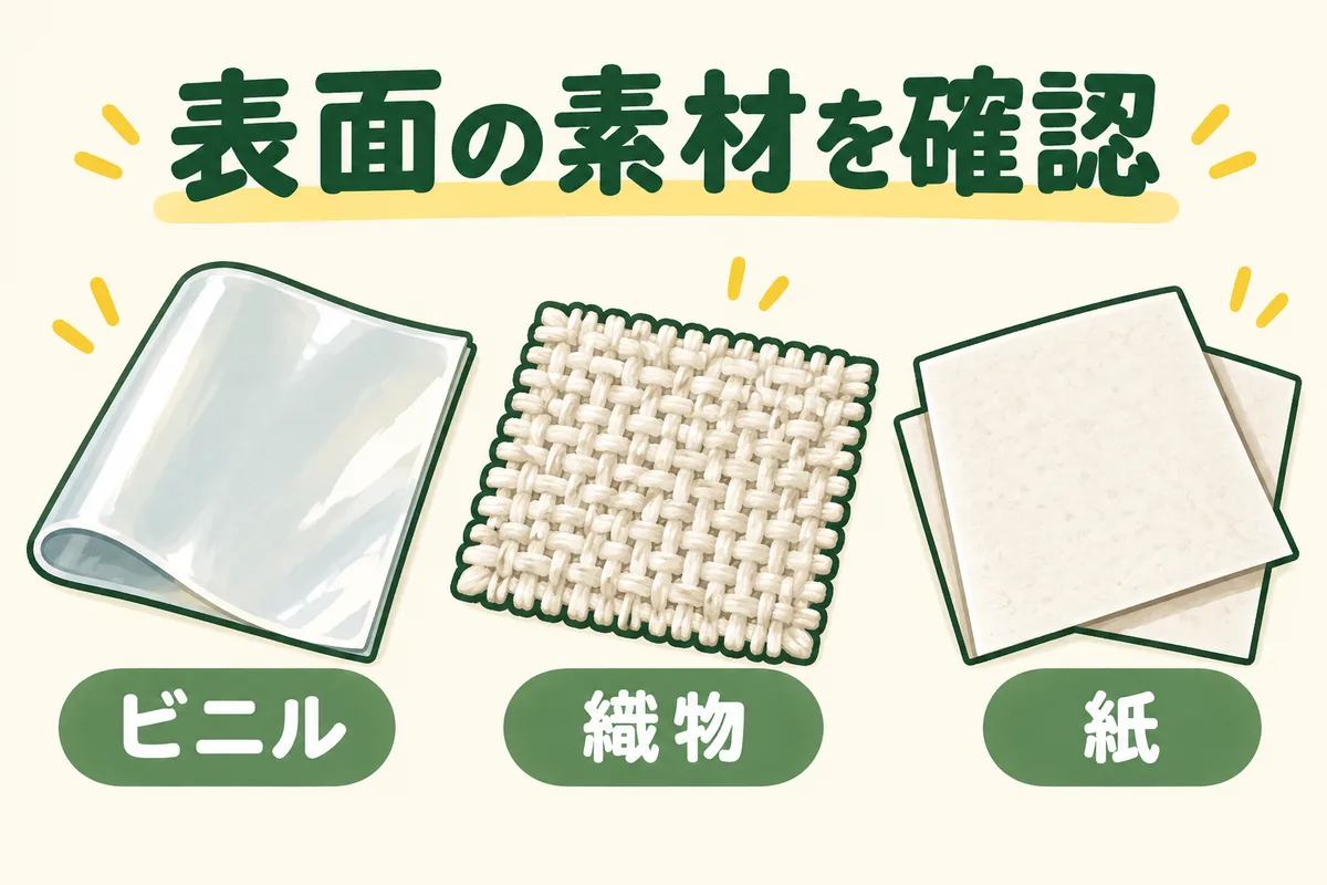 ビニル・織物・紙の壁紙の素材見本を並べた図