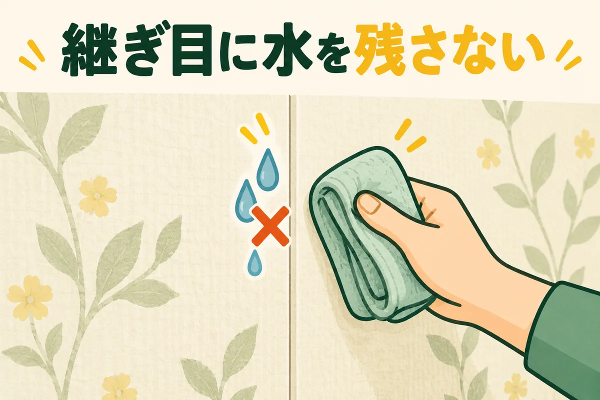壁紙の継ぎ目に水を残さないよう布で拭く図