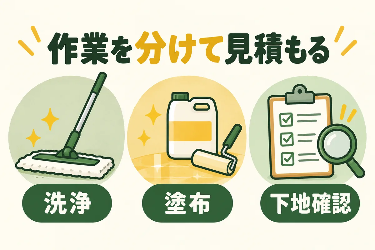 床の洗浄・ワックス塗布・下地確認を別の項目に分けた図