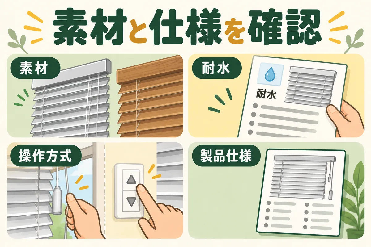 ブラインドの素材、耐水仕様、操作方式、製品仕様を照合する図