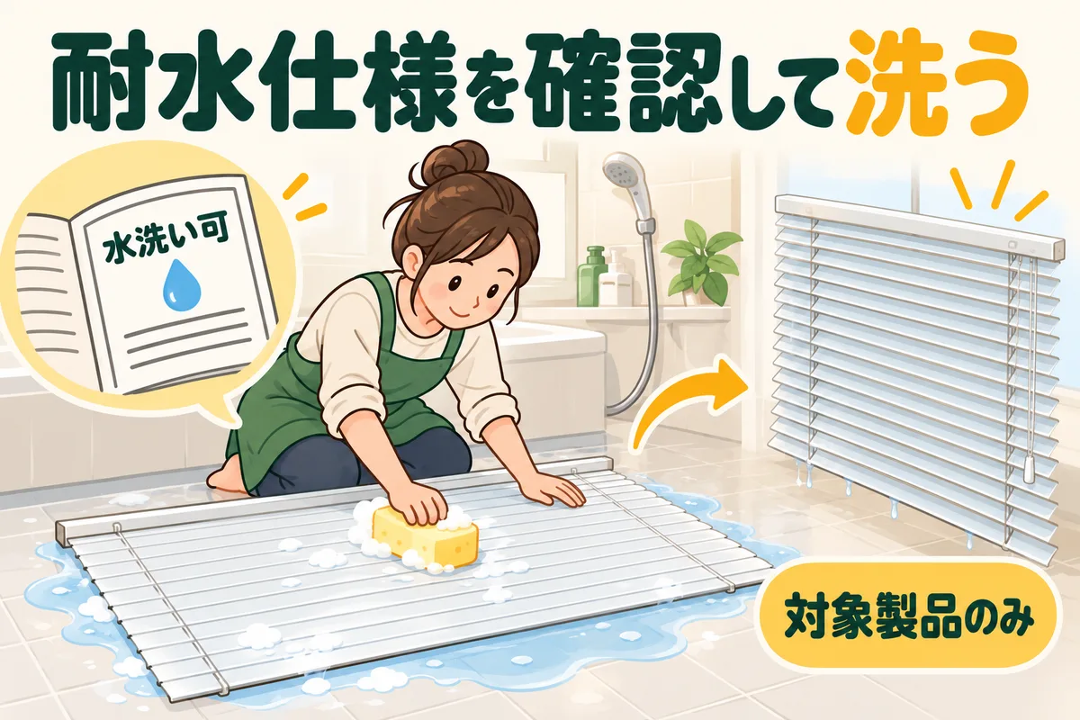 水洗いできるブラインドを羽根を閉じて洗い開いて乾かす図