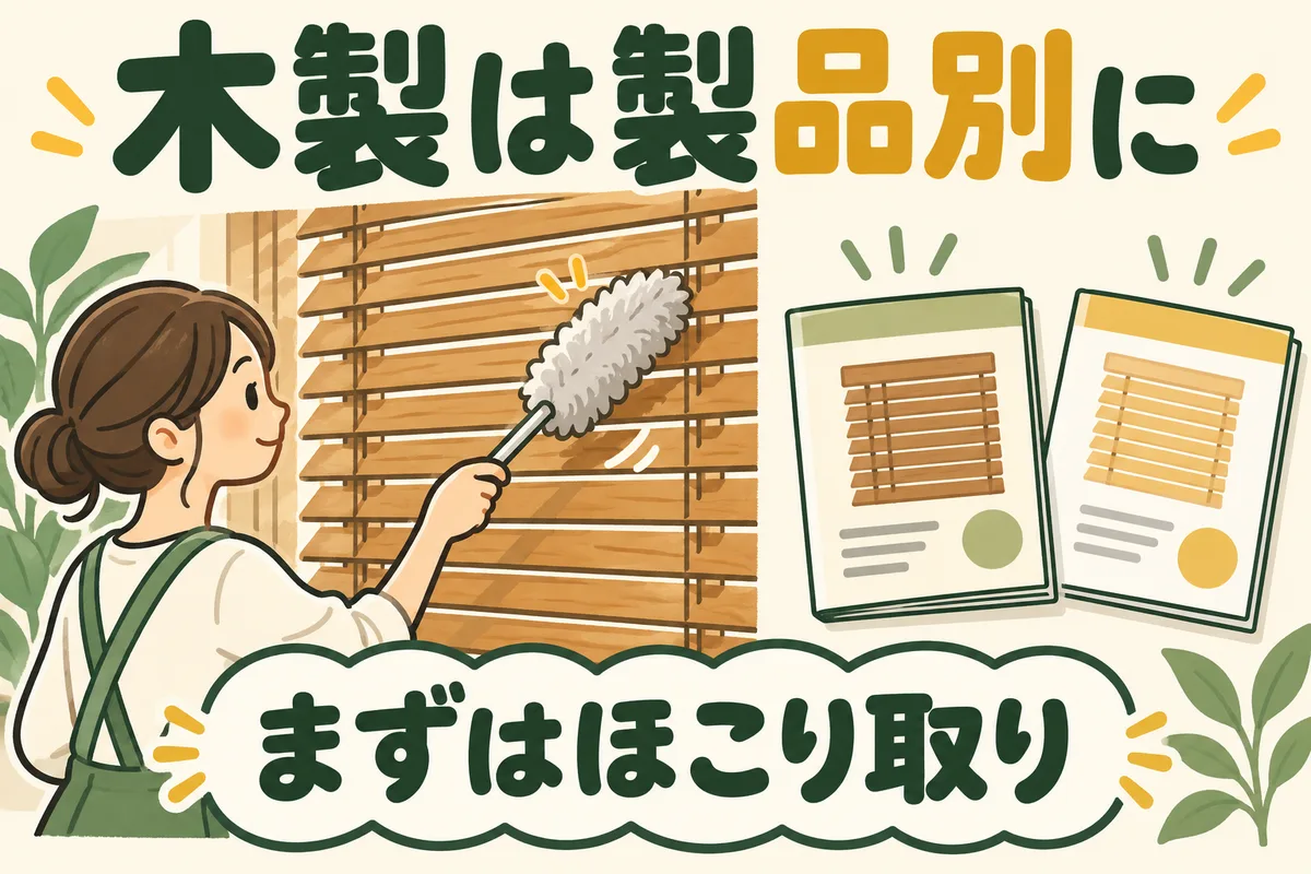 木製ブラインドのほこりを乾いた柔らかいモップで取る図