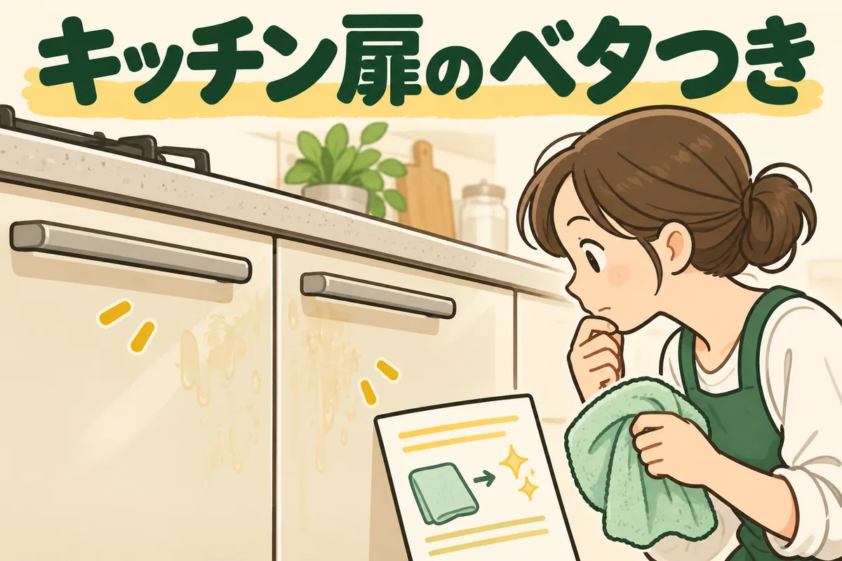 キッチン収納扉の取っ手付近のベタつきを確認する図