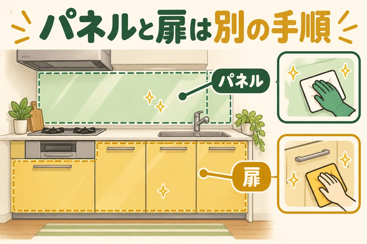 キッチンのパネルと収納扉では洗剤の指定が異なることを確認する図