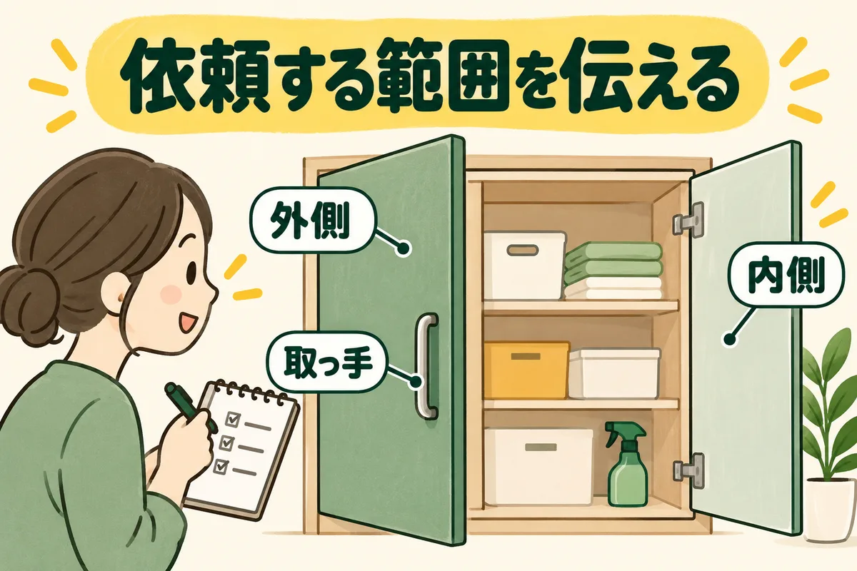 キッチン収納の扉外側、取っ手、内側を別々の清掃範囲として示す図