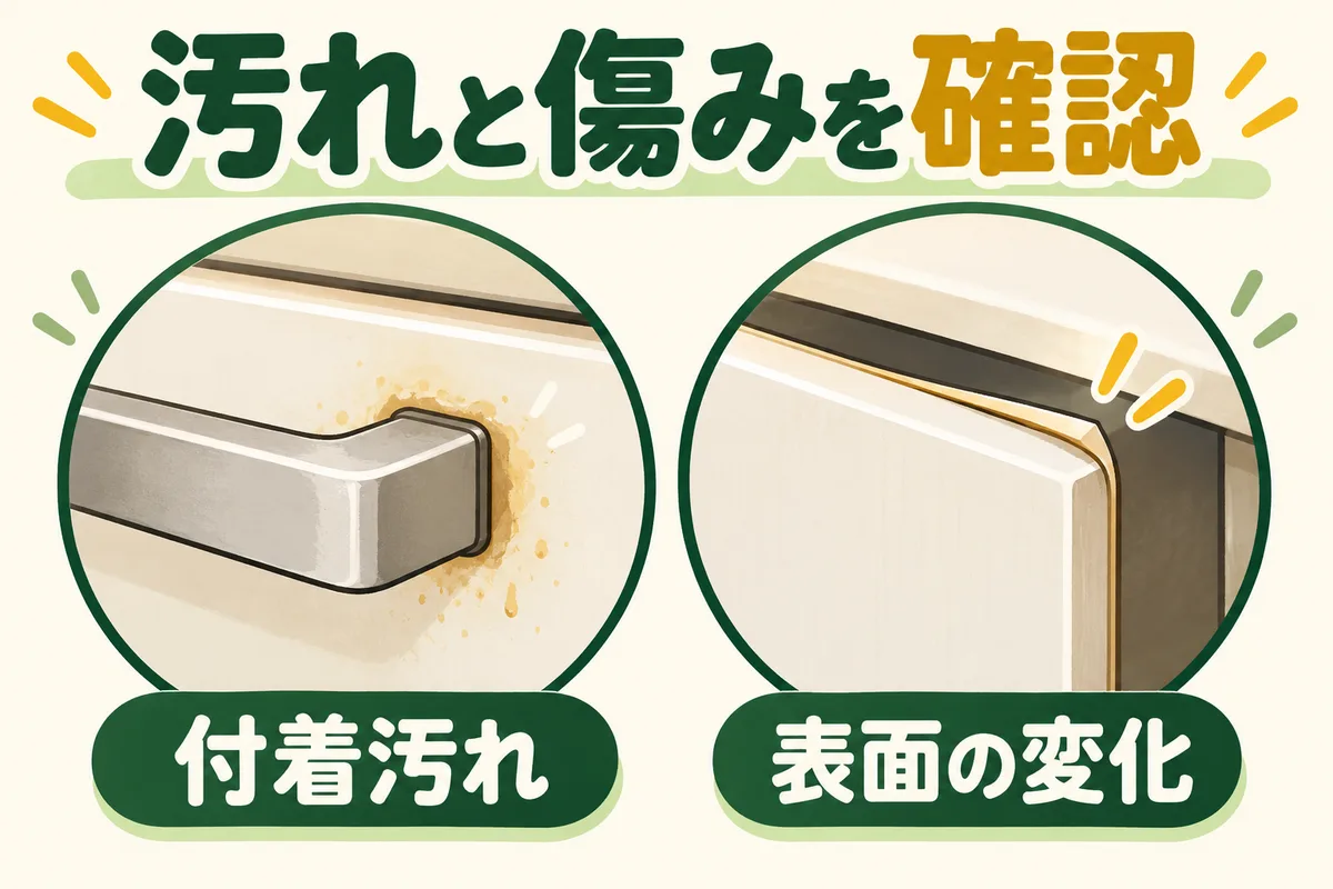 キッチン収納扉の付着汚れと端の浮きを区別する図