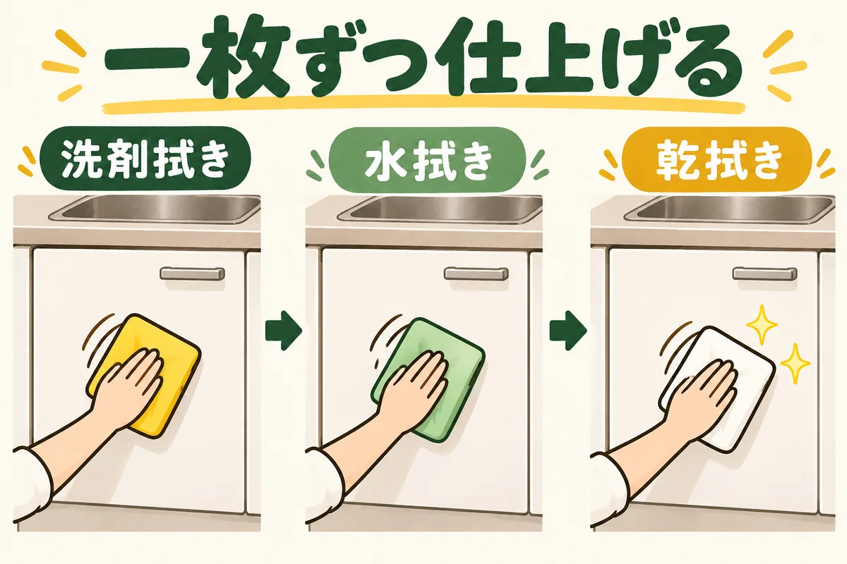 キッチン収納扉を洗剤拭き、水拭き、乾拭きの順に仕上げる図