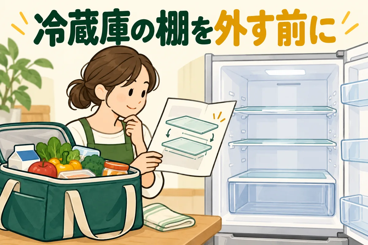 冷蔵庫の棚を外す前に食品を保冷バッグへ移し説明書を確認する図
