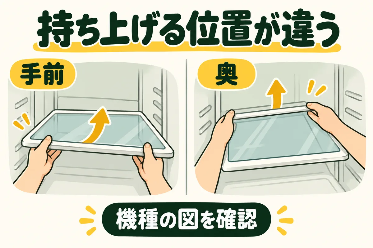 冷蔵庫の棚の手前を持ち上げる例と奥を持ち上げる例を比較する図