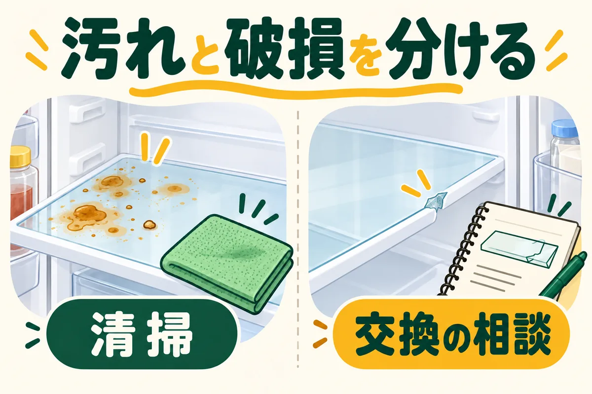 冷蔵庫の棚の付着汚れの清掃とガラスの欠けの交換相談を分けた図
