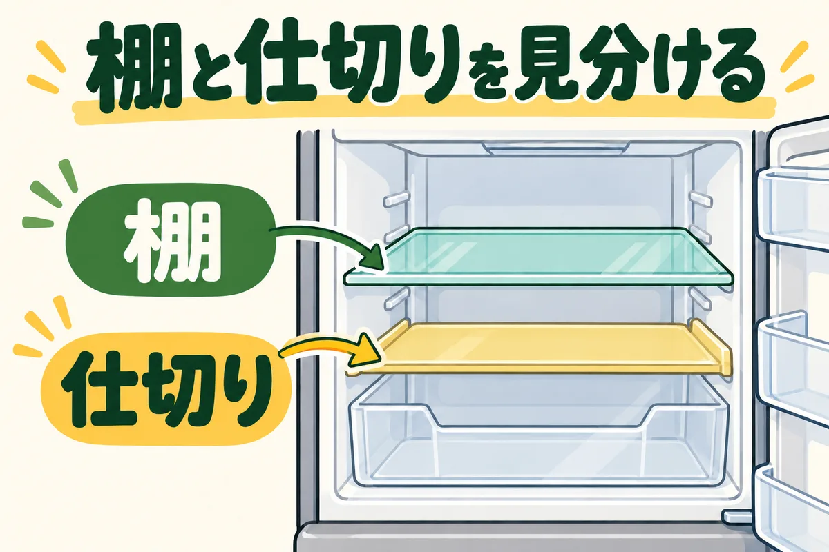 冷蔵庫のガラス棚と下部の固定された仕切りを色で区別する図