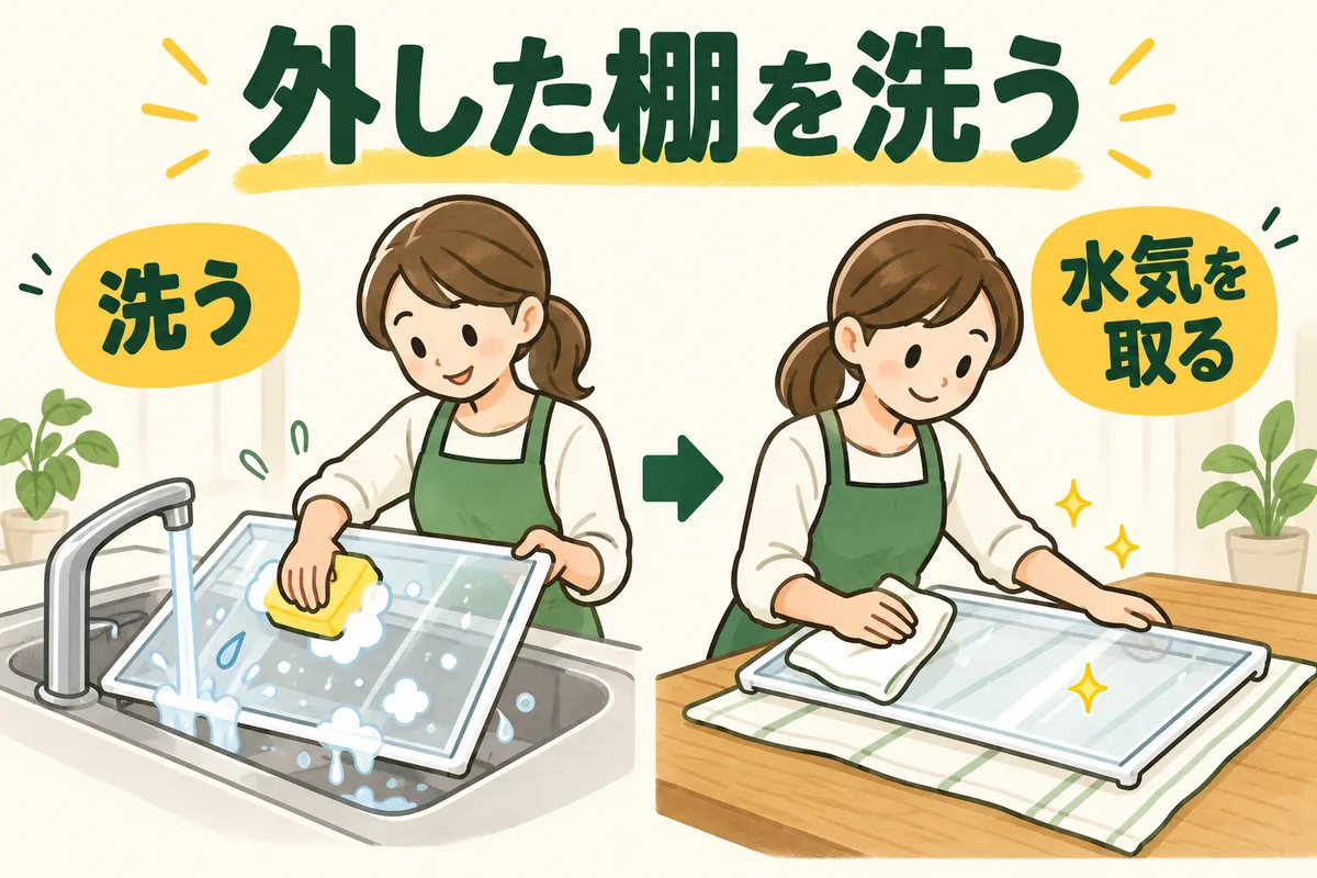 外した冷蔵庫のガラス棚を洗い水分を拭き取る図