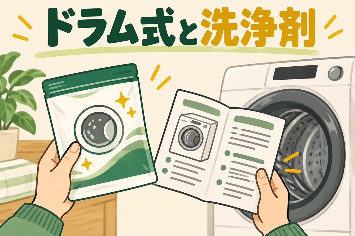 機種の説明書と未開封の洗濯槽クリーナーを照合する図