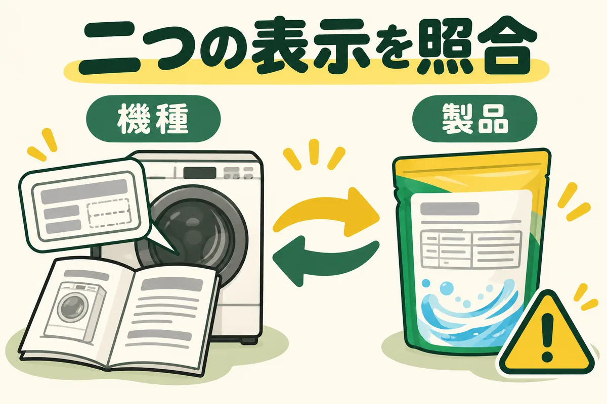 洗濯機の型番と洗浄剤の裏面表示を照合する図
