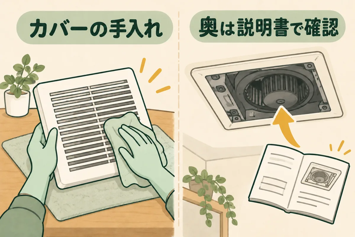 手袋を着けてグリルを拭き、奥のファンは説明書で範囲を確認する図