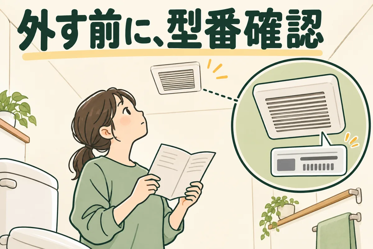 トイレの天井換気扇を見上げ、説明書で型番を確認する人
