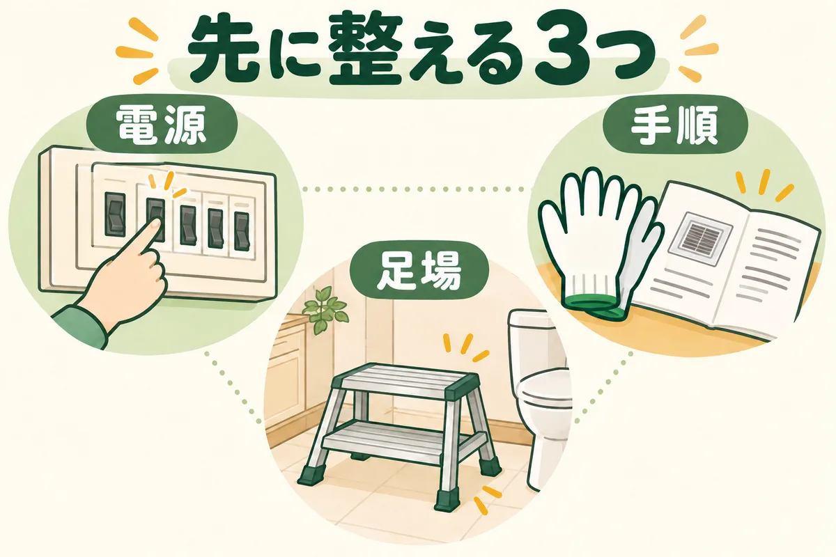 換気扇清掃の前に電源、説明書と手袋、安定した足場を整える図