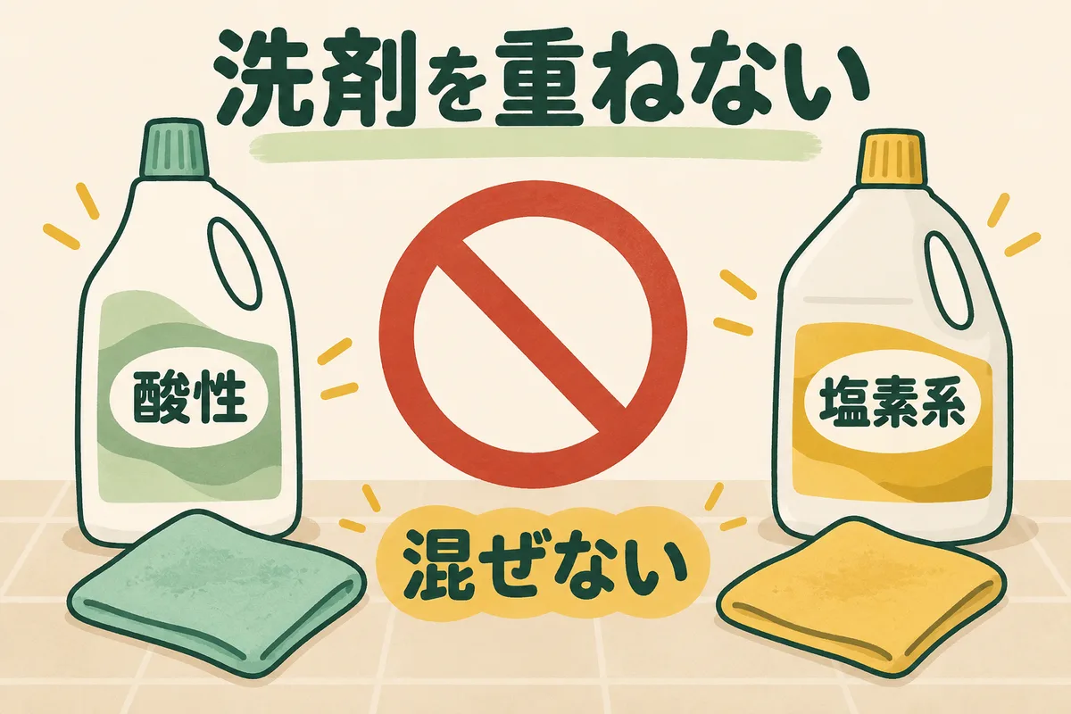 酸性と塩素系の洗剤を混ぜず、重ねて使わない図