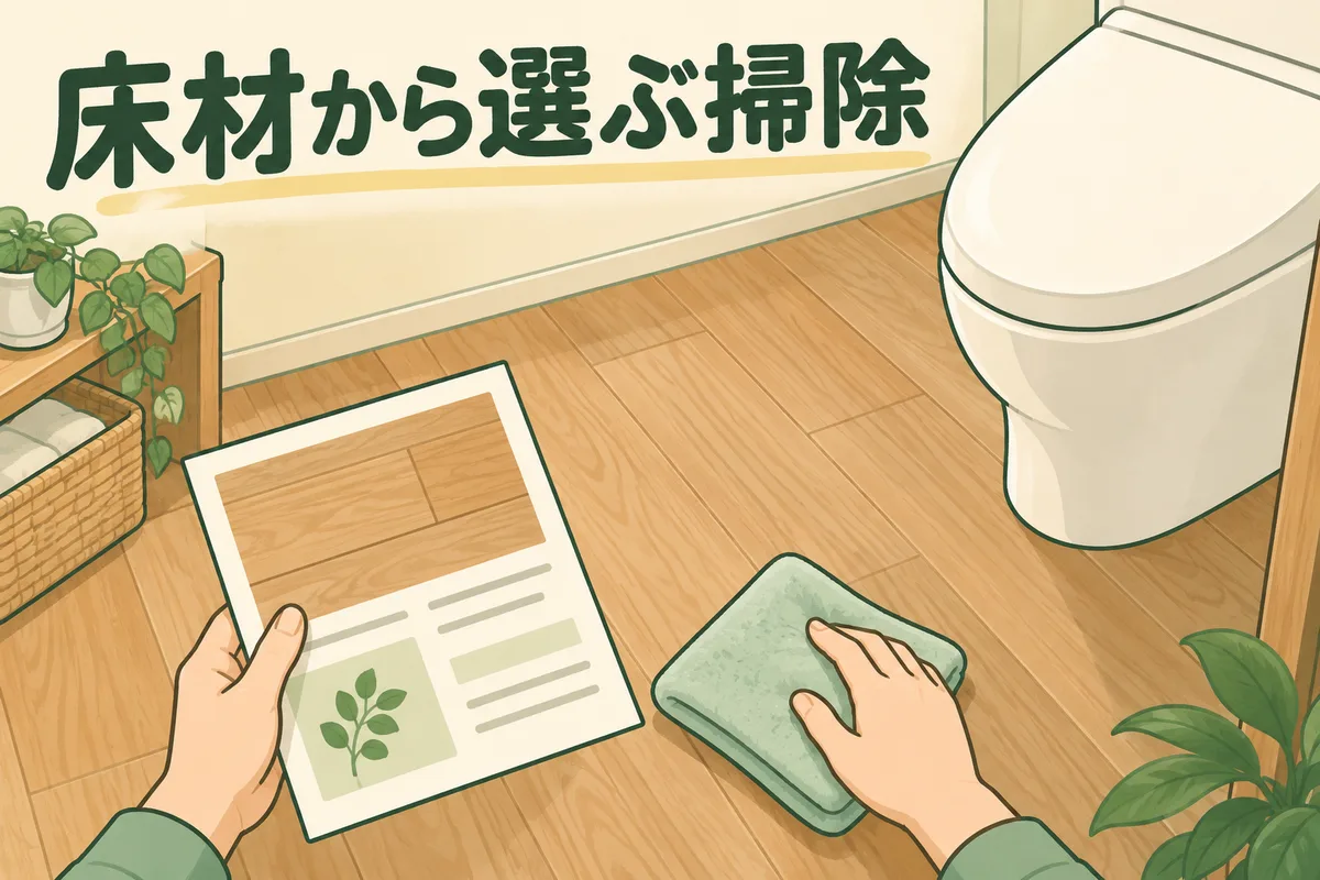 トイレの床材の資料を見て、布で手入れする場面