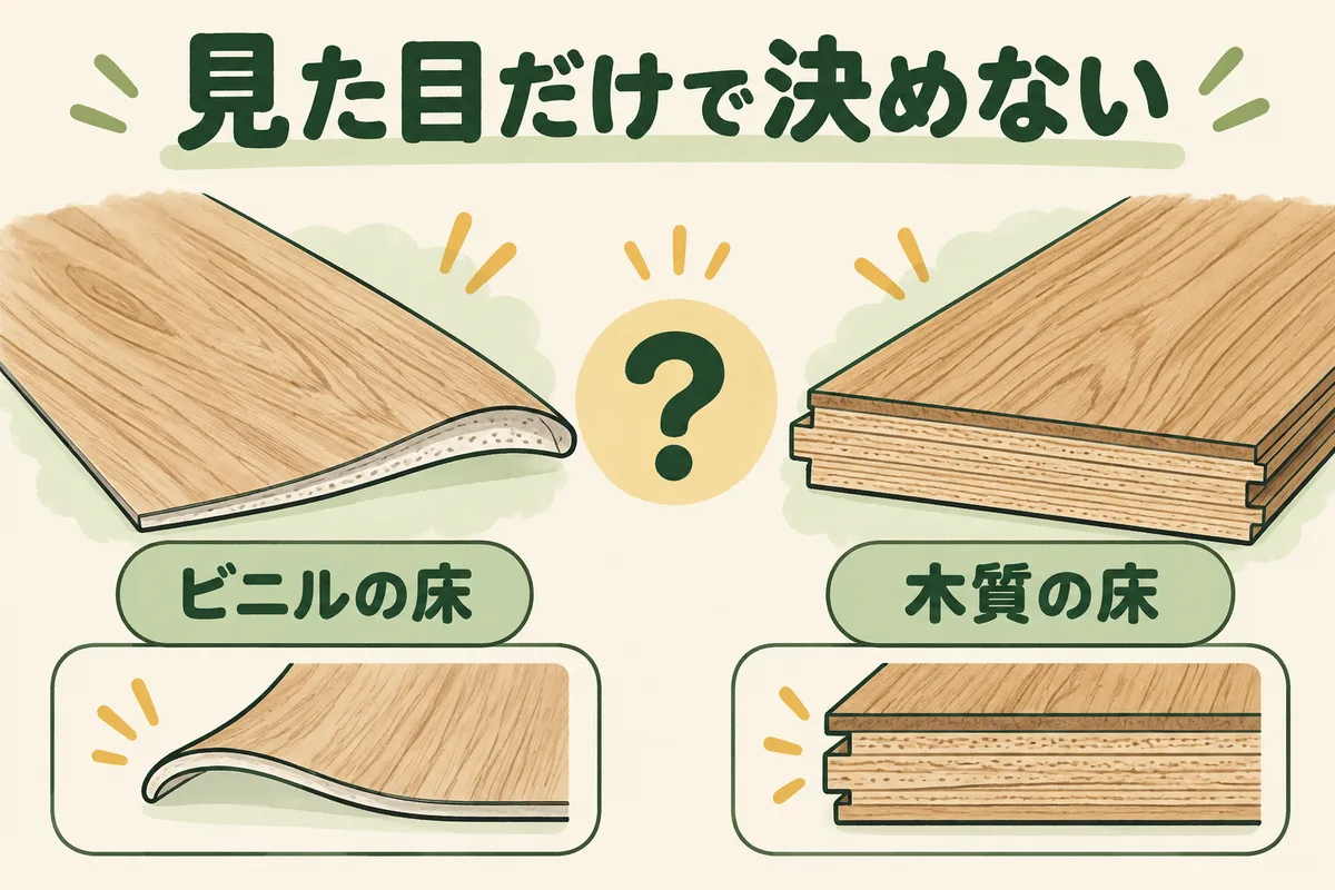 同じ木目でもビニルの床と木質の床は材質が異なる図