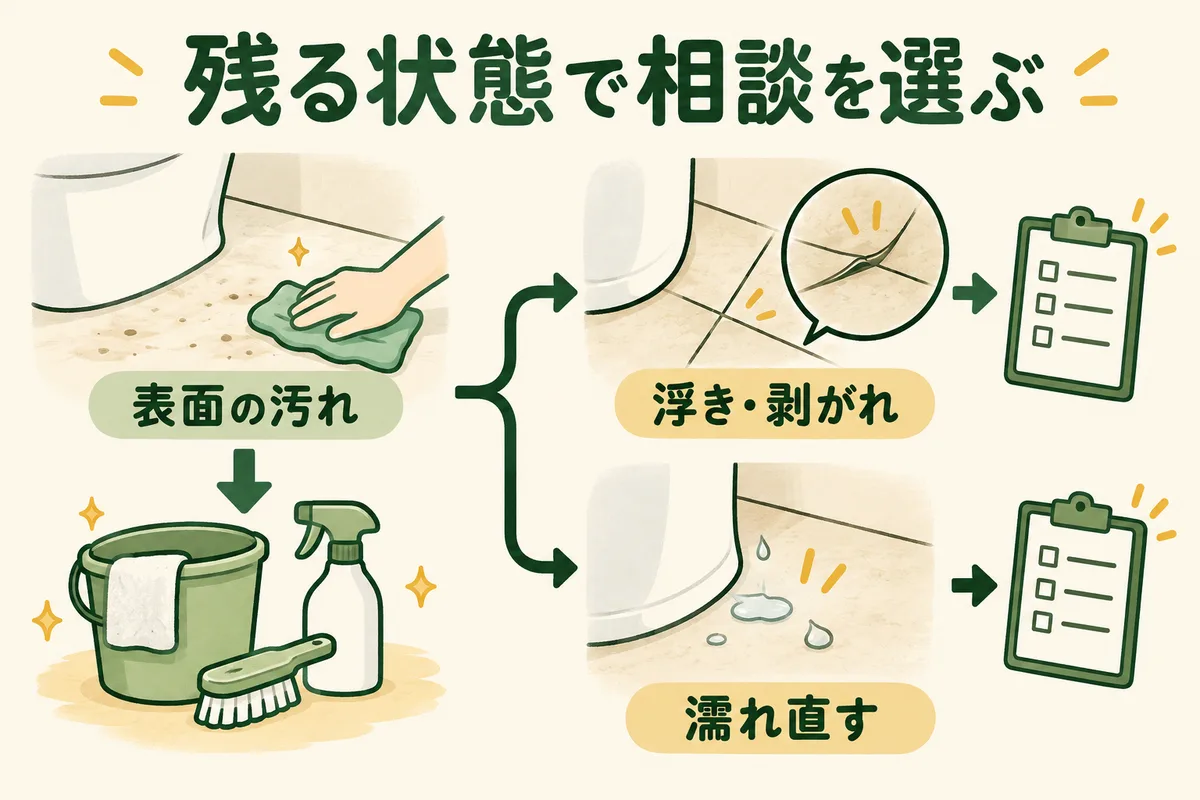 床の表面の汚れと、浮き・剥がれ、濡れ直す状態を分ける図