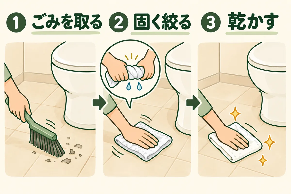 床のごみを取り、固く絞った布で拭き、乾かす三段階