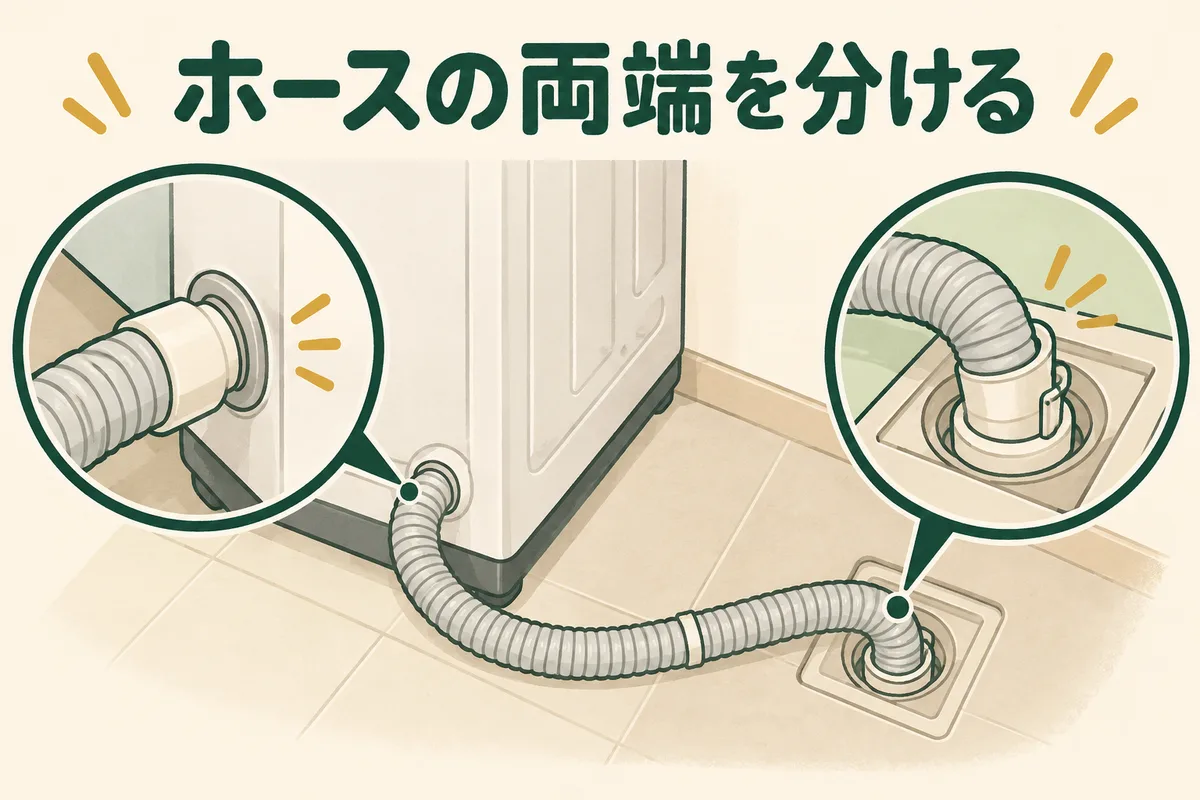洗濯機本体側と床の排水口側にあるホースの接続部