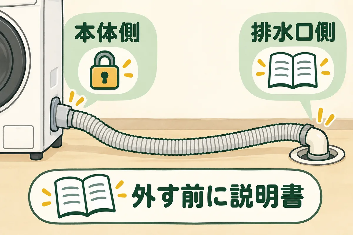 本体側と排水口側を分け、外す前に説明書を確認する図