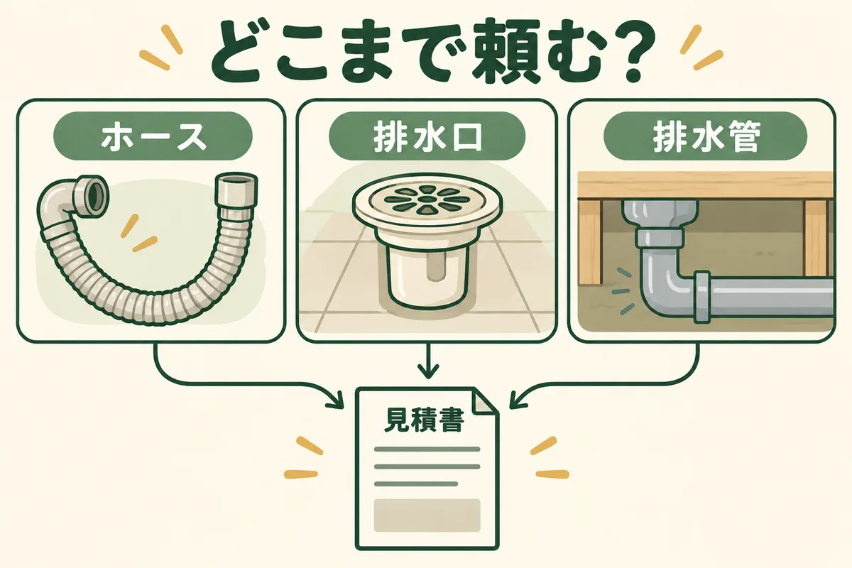 ホース、排水口、床下の排水管を分けて見積もる図