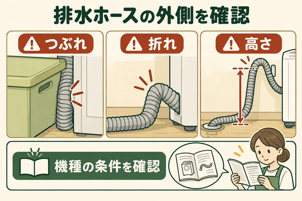 排水ホースのつぶれ、折れ、途中の高さを確認する図