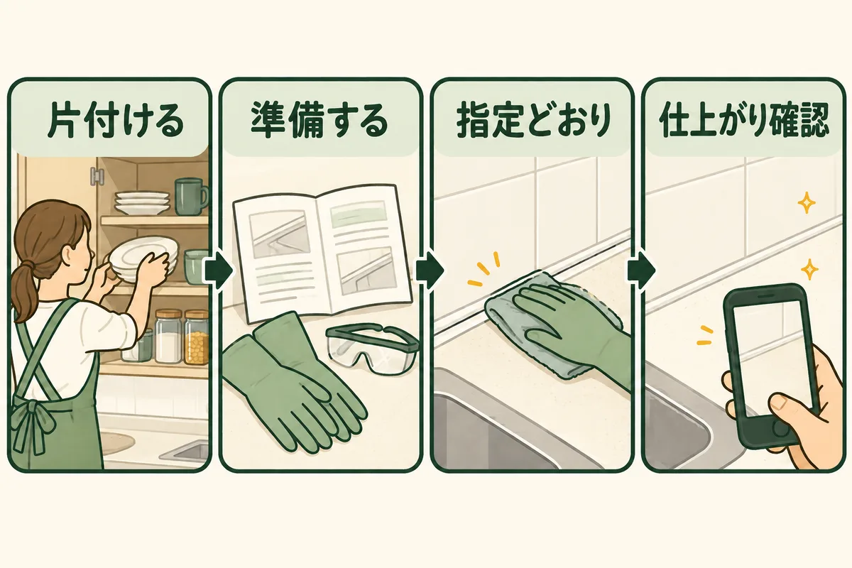 食器を片付け、保護具を用意し、指定の手入れ後に写真で確認する流れ