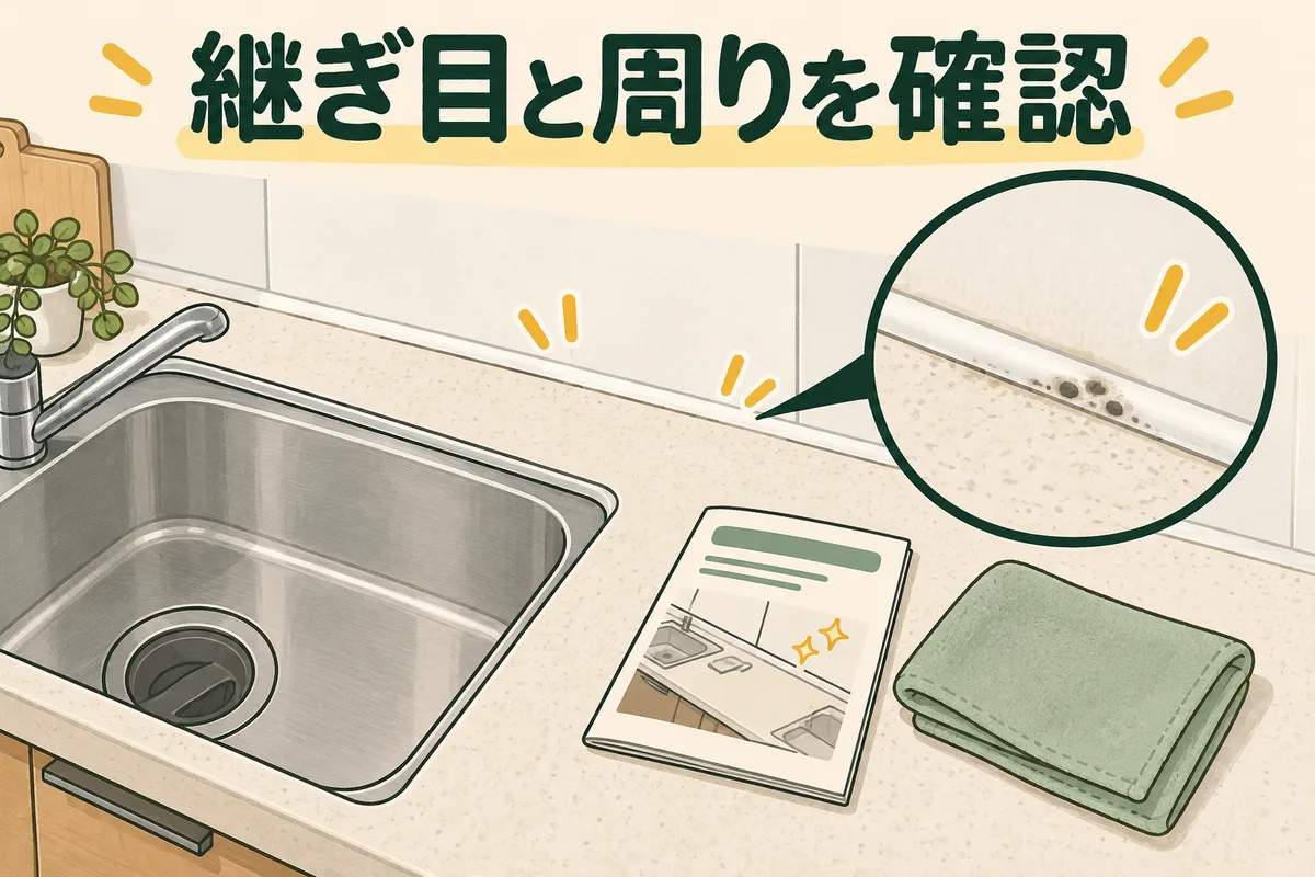 キッチンの継ぎ目の黒ずみと周囲の天板・シンクを確認する図