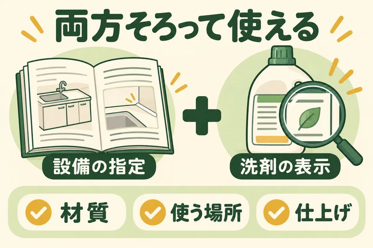 設備の指定と洗剤の表示を材質・使用場所・仕上げで照合する図