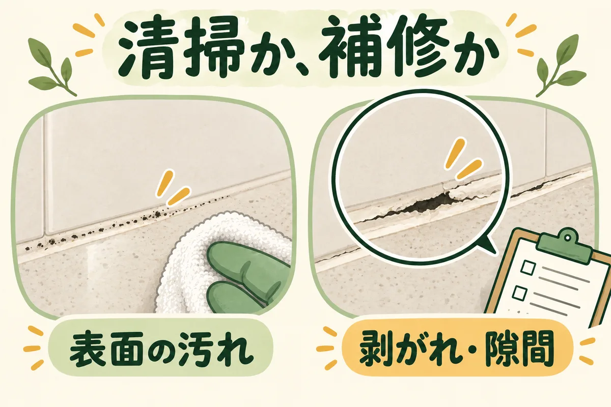 キッチンの水平な継ぎ目の表面汚れと剥がれ・隙間を比べる図
