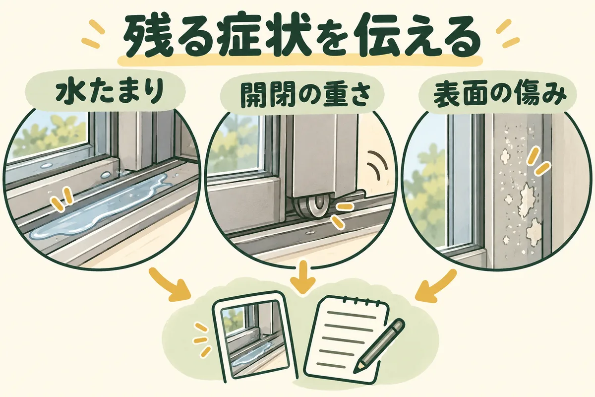 掃除後に残る水たまり、開閉の重さ、表面の傷みを記録する図