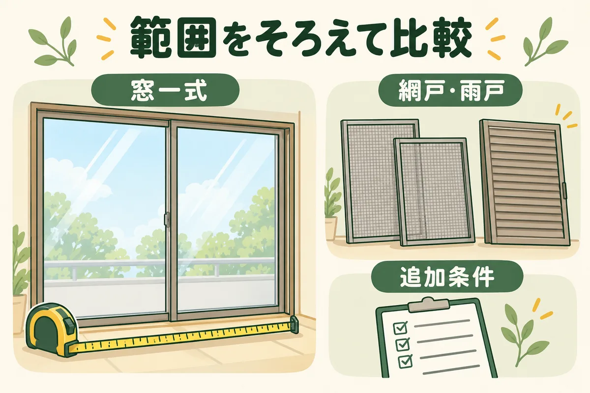 窓一式の面積と網戸・雨戸の追加条件をそろえる図