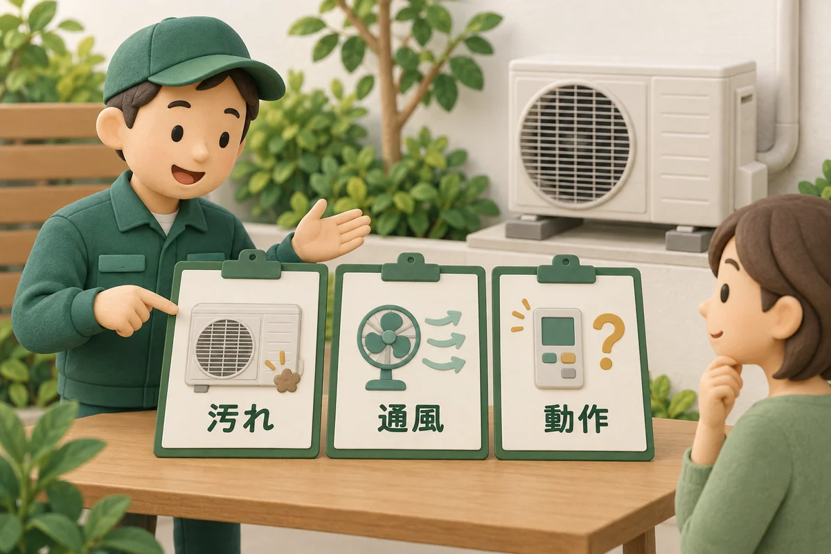 室外機の汚れ・通風・動作を三つの確認欄に分けて担当者と確認する図