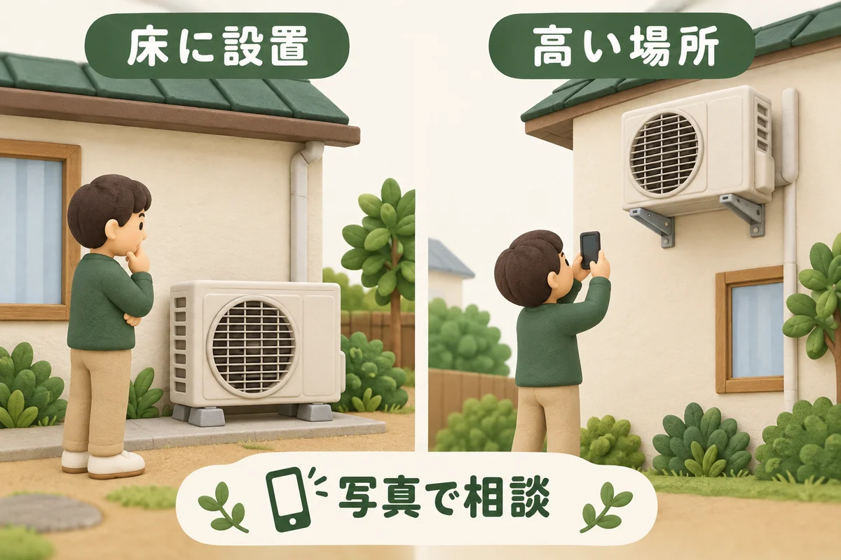 床に置かれた室外機と高い壁面に設置された室外機を分け、写真で相談する図